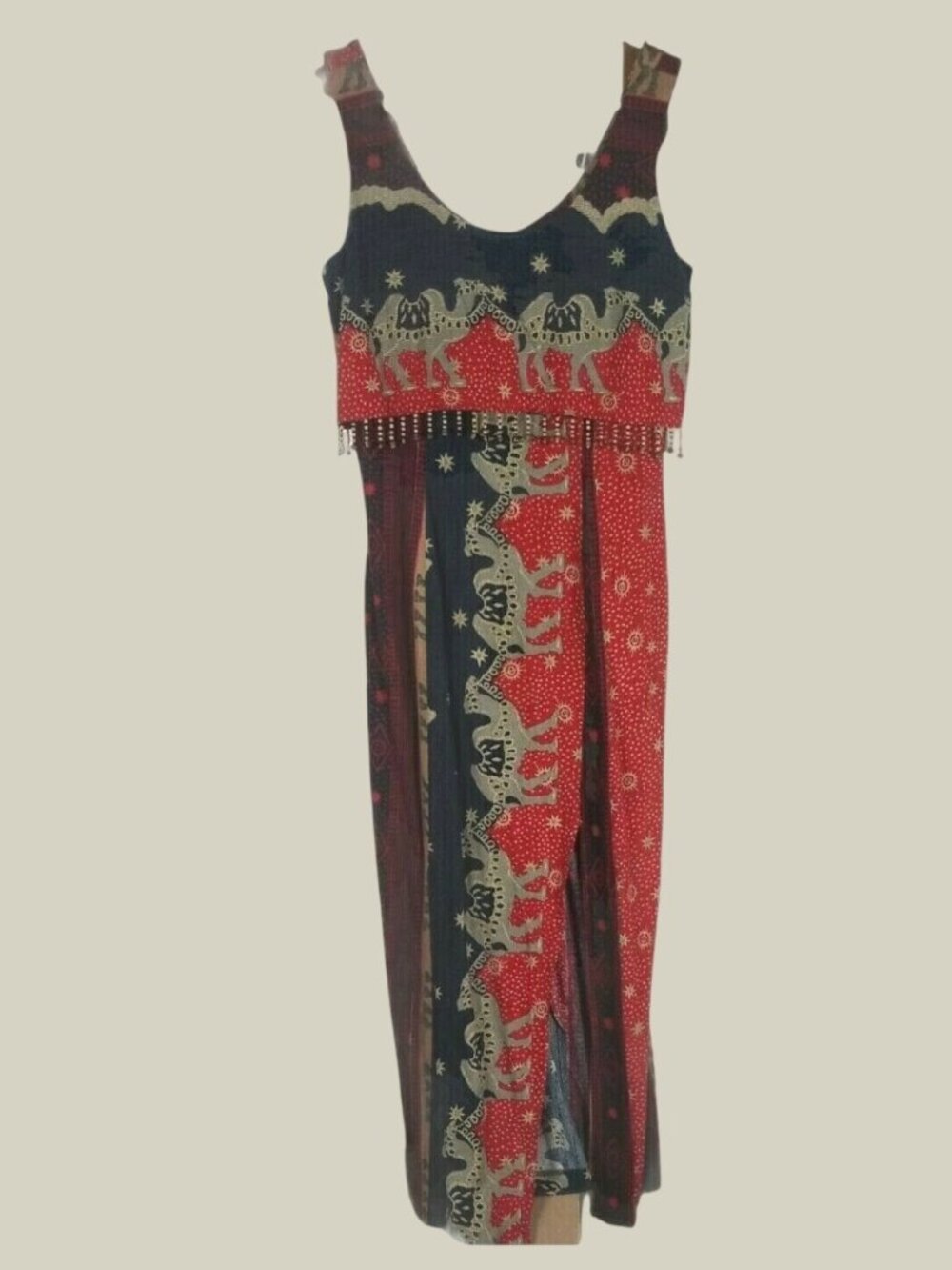 Just Choon Vintage Beaded Camel Maxi Dress Womens S Fringe Whimsygoth Festival
